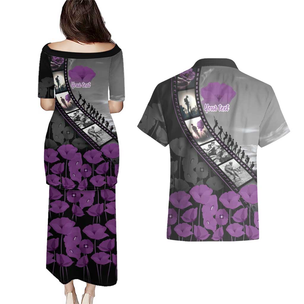 Personalised Remembering ANZAC Lest We Forget Couples Matching Puletasi and Hawaiian Shirt Vintage Film Frame Memorial Purple Poppy