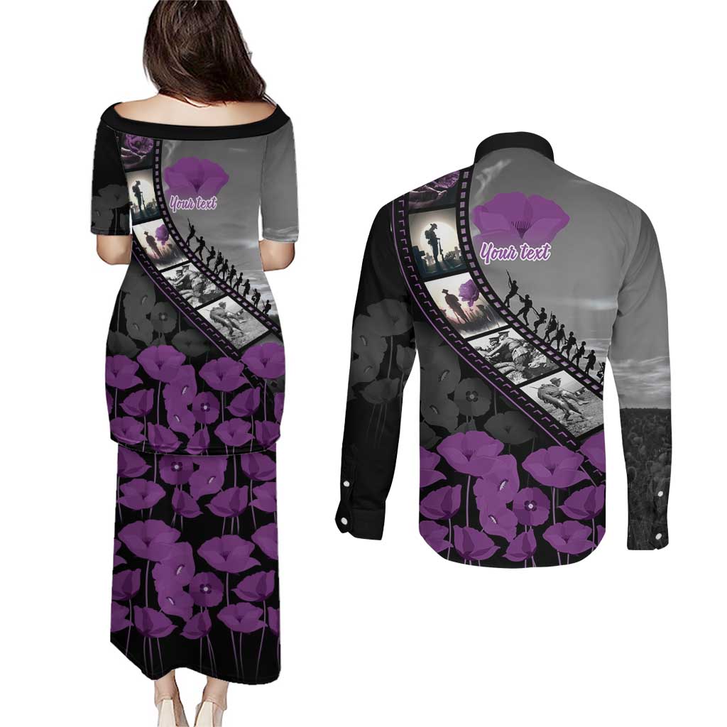 Personalised Remembering ANZAC Lest We Forget Couples Matching Puletasi and Long Sleeve Button Shirt Vintage Film Frame Memorial Purple Poppy