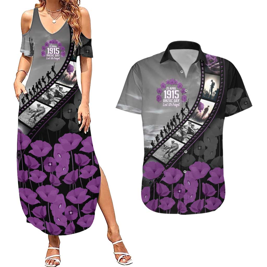 Personalised Remembering ANZAC Lest We Forget Couples Matching Summer Maxi Dress and Hawaiian Shirt Vintage Film Frame Memorial Purple Poppy