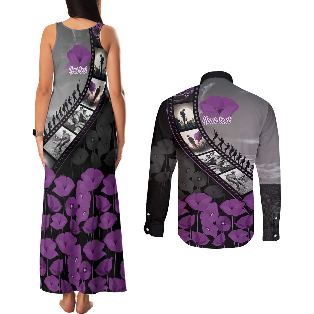 Personalised Remembering ANZAC Lest We Forget Couples Matching Tank Maxi Dress and Long Sleeve Button Shirt Vintage Film Frame Memorial Purple Poppy