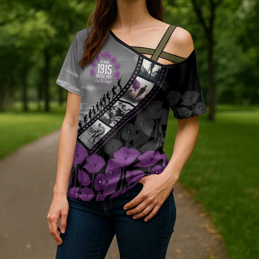 Personalised Remembering ANZAC Lest We Forget Cross Shoulder Shirt Vintage Film Frame Memorial Purple Poppy