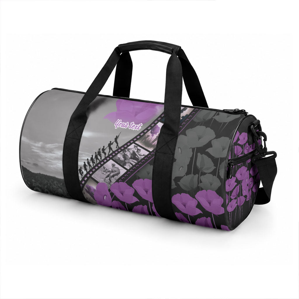 Personalised Remembering ANZAC Lest We Forget Duffle Bag Vintage Film Frame Memorial Purple Poppy