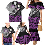 Personalised Remembering ANZAC Lest We Forget Family Matching Mermaid Dress and Hawaiian Shirt Vintage Film Frame Memorial Purple Poppy
