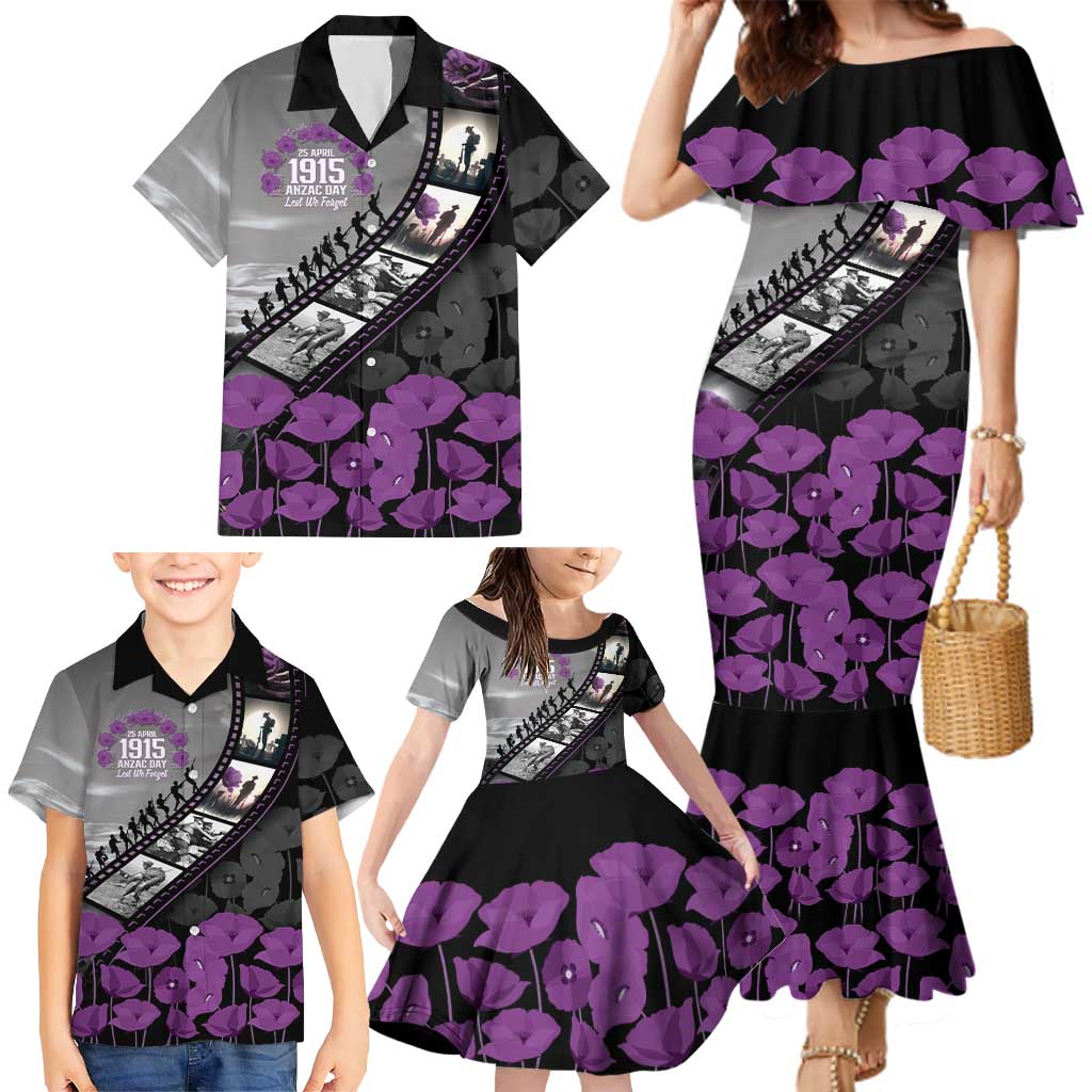 Personalised Remembering ANZAC Lest We Forget Family Matching Mermaid Dress and Hawaiian Shirt Vintage Film Frame Memorial Purple Poppy
