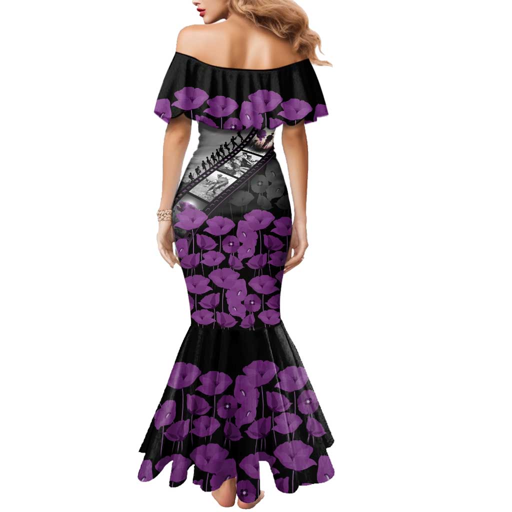 Personalised Remembering ANZAC Lest We Forget Family Matching Mermaid Dress and Hawaiian Shirt Vintage Film Frame Memorial Purple Poppy