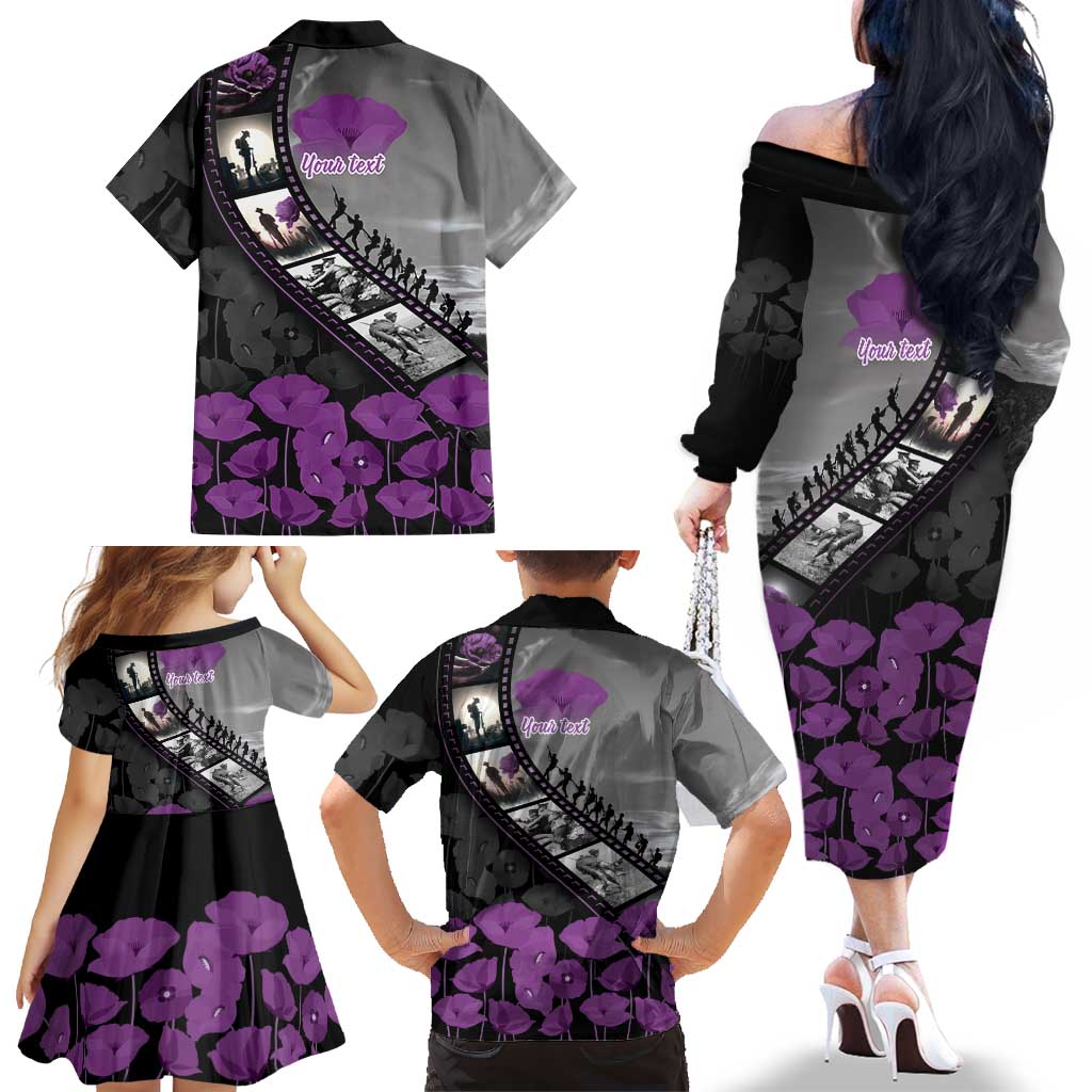 Personalised Remembering ANZAC Lest We Forget Family Matching Off The Shoulder Long Sleeve Dress and Hawaiian Shirt Vintage Film Frame Memorial Purple Poppy
