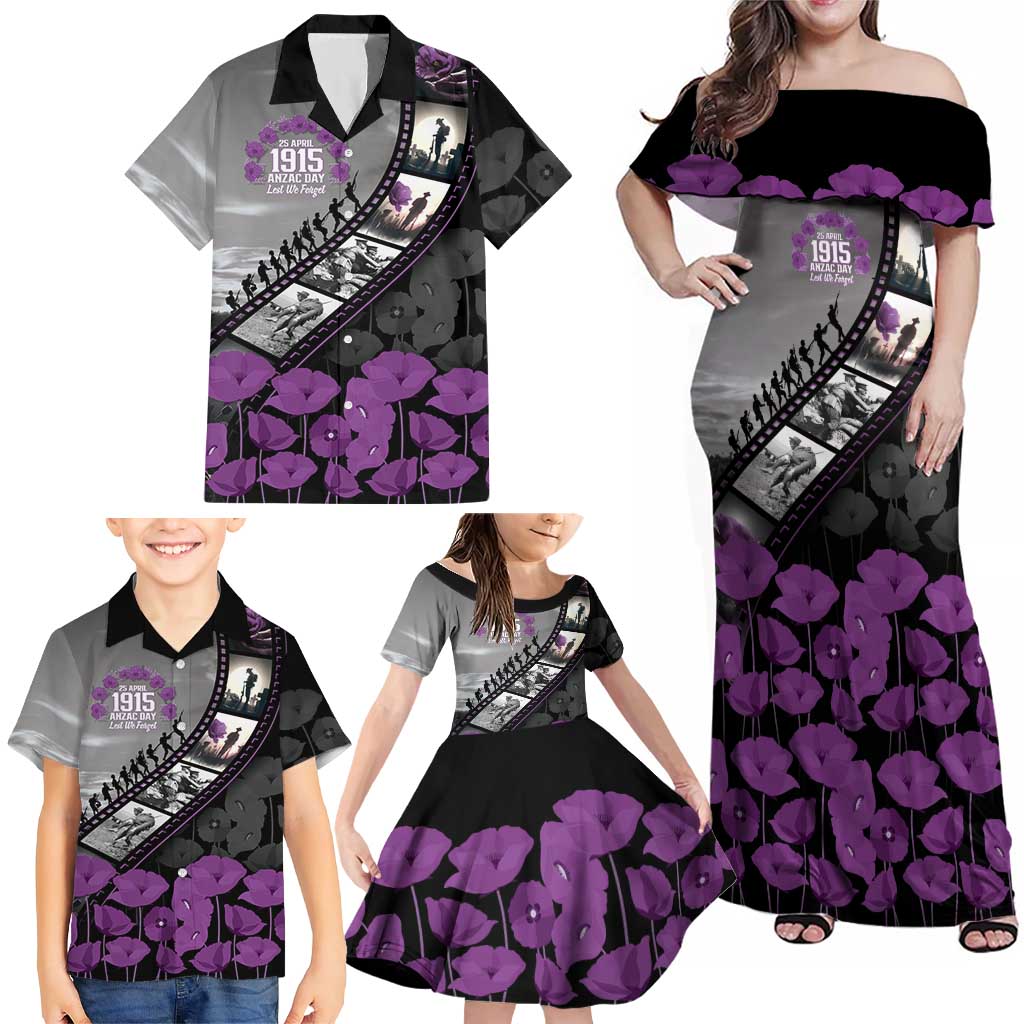 Personalised Remembering ANZAC Lest We Forget Family Matching Off Shoulder Maxi Dress and Hawaiian Shirt Vintage Film Frame Memorial Purple Poppy