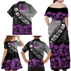 Personalised Remembering ANZAC Lest We Forget Family Matching Off Shoulder Maxi Dress and Hawaiian Shirt Vintage Film Frame Memorial Purple Poppy