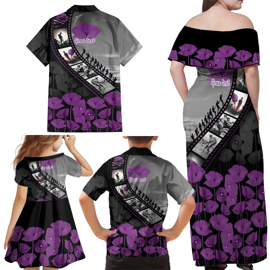 Personalised Remembering ANZAC Lest We Forget Family Matching Off Shoulder Maxi Dress and Hawaiian Shirt Vintage Film Frame Memorial Purple Poppy
