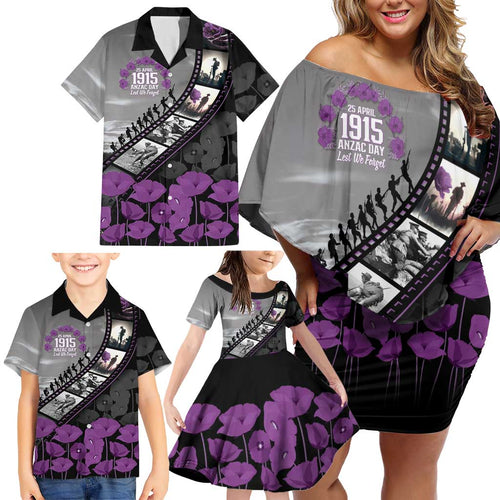 Personalised Remembering ANZAC Lest We Forget Family Matching Off Shoulder Short Dress and Hawaiian Shirt Vintage Film Frame Memorial Purple Poppy