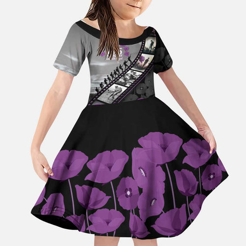 Personalised Remembering ANZAC Lest We Forget Family Matching Off Shoulder Short Dress and Hawaiian Shirt Vintage Film Frame Memorial Purple Poppy