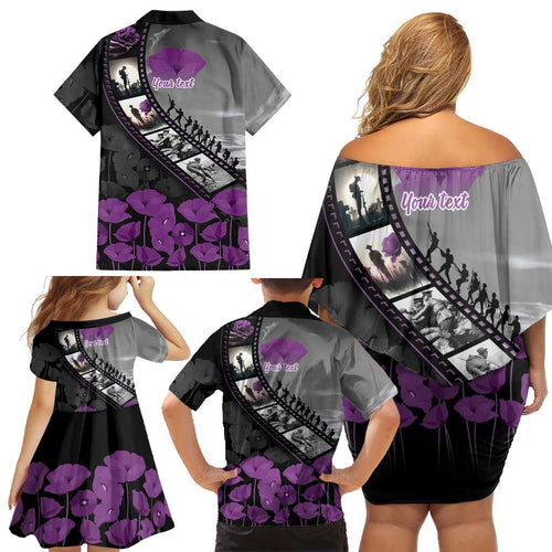 Personalised Remembering ANZAC Lest We Forget Family Matching Off Shoulder Short Dress and Hawaiian Shirt Vintage Film Frame Memorial Purple Poppy
