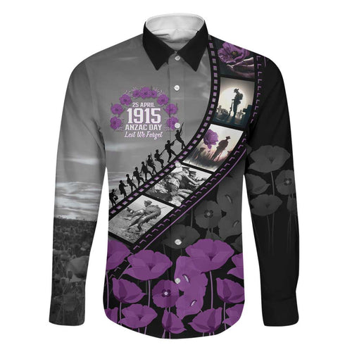 Personalised Remembering ANZAC Lest We Forget Family Matching Off Shoulder Short Dress and Hawaiian Shirt Vintage Film Frame Memorial Purple Poppy