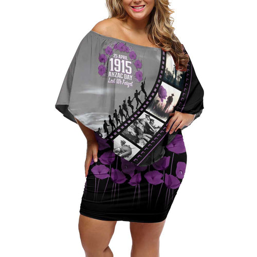 Personalised Remembering ANZAC Lest We Forget Family Matching Off Shoulder Short Dress and Hawaiian Shirt Vintage Film Frame Memorial Purple Poppy