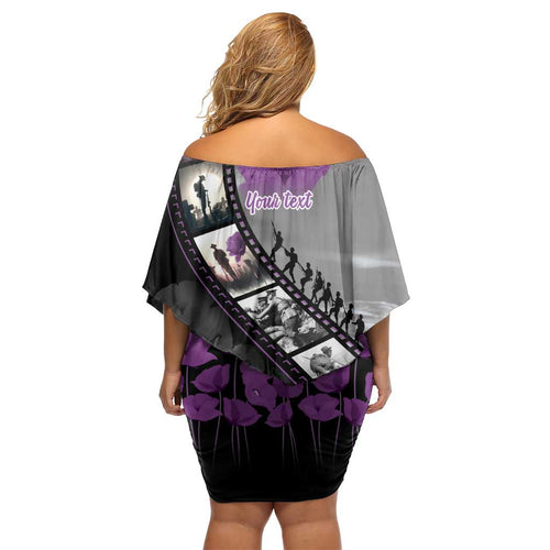 Personalised Remembering ANZAC Lest We Forget Family Matching Off Shoulder Short Dress and Hawaiian Shirt Vintage Film Frame Memorial Purple Poppy