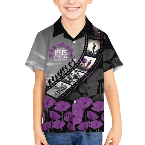 Personalised Remembering ANZAC Lest We Forget Family Matching Off Shoulder Short Dress and Hawaiian Shirt Vintage Film Frame Memorial Purple Poppy
