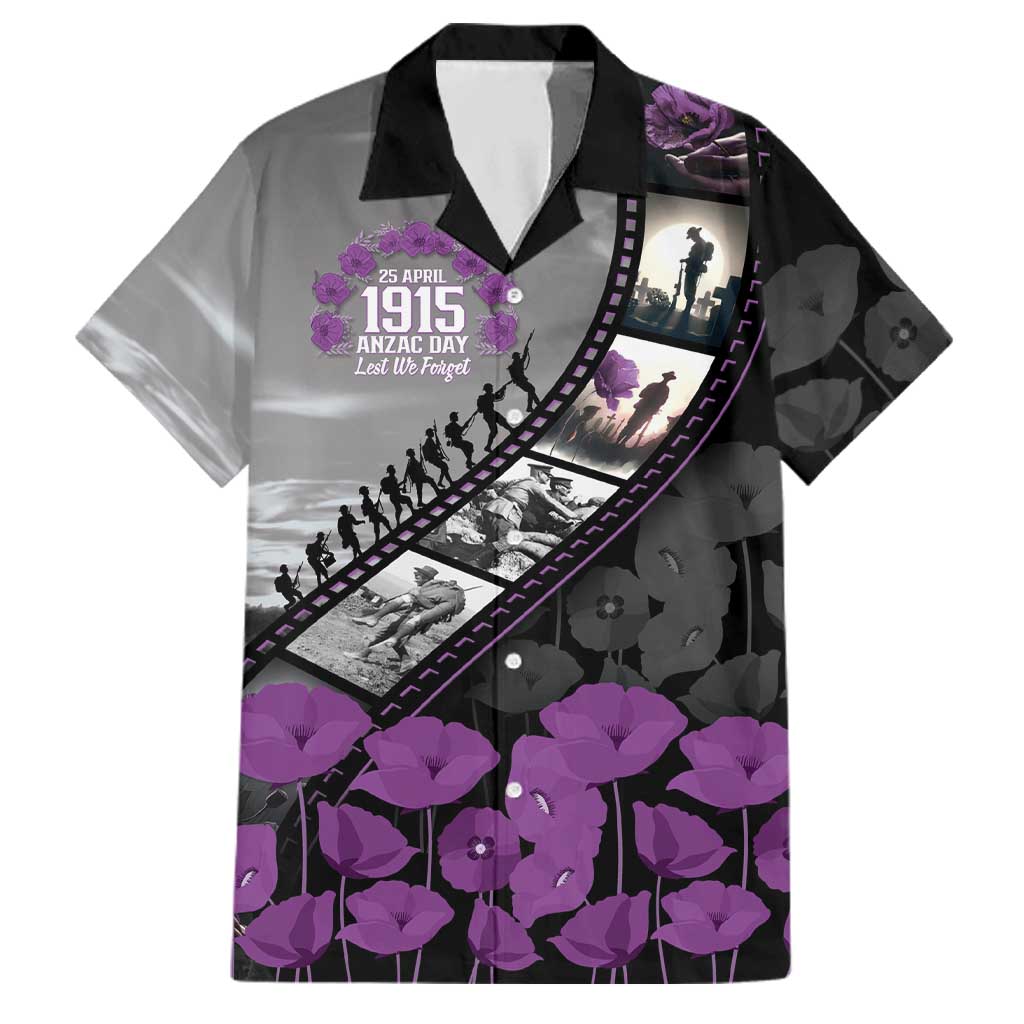 Personalised Remembering ANZAC Lest We Forget Family Matching Puletasi and Hawaiian Shirt Vintage Film Frame Memorial Purple Poppy