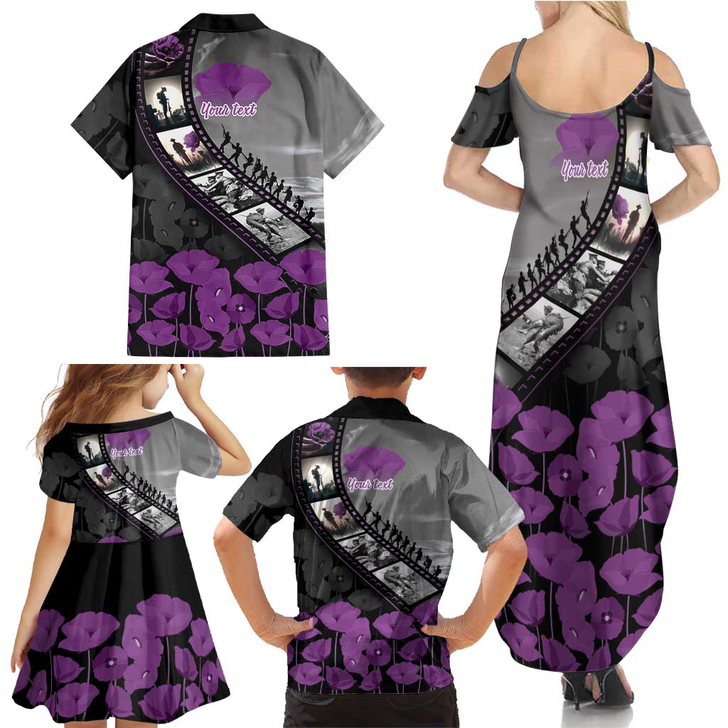 Personalised Remembering ANZAC Lest We Forget Family Matching Summer Maxi Dress and Hawaiian Shirt Vintage Film Frame Memorial Purple Poppy