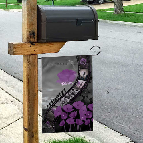 Personalised Remembering ANZAC Lest We Forget Garden Flag Vintage Film Frame Memorial Purple Poppy