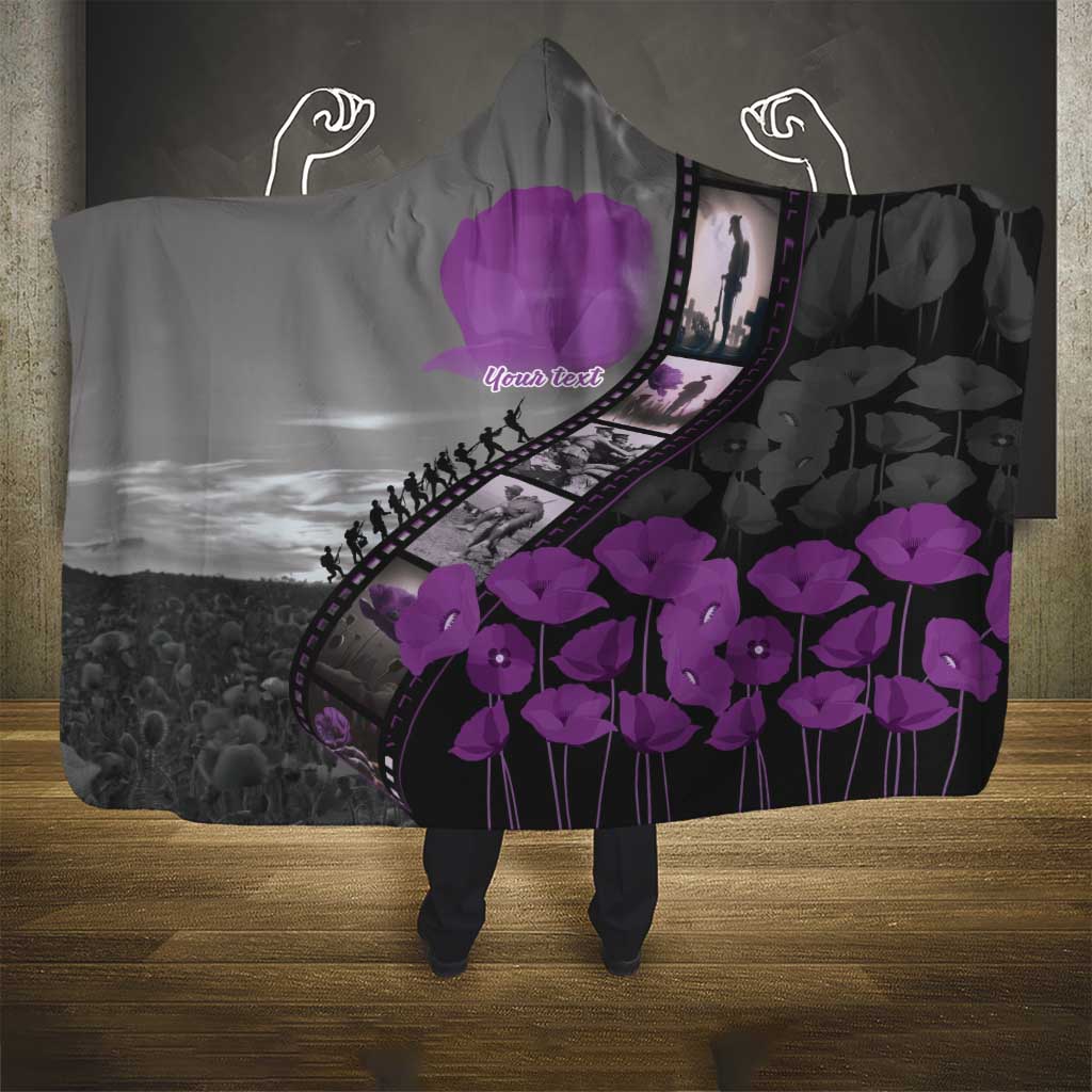 Personalised Remembering ANZAC Lest We Forget Hooded Blanket Vintage Film Frame Memorial Purple Poppy