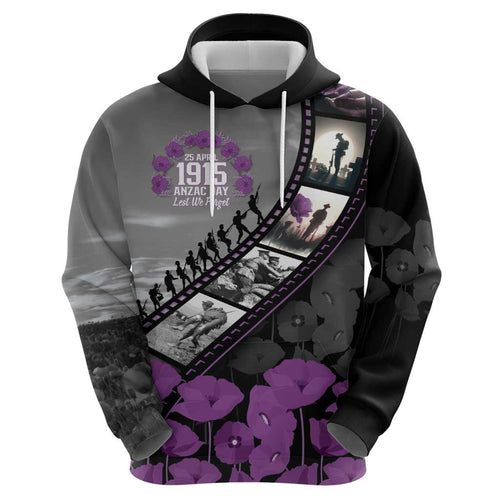 Personalised Remembering ANZAC Lest We Forget Hoodie Vintage Film Frame Memorial Purple Poppy