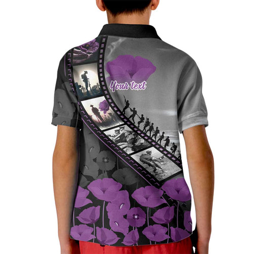 Personalised Remembering ANZAC Lest We Forget Kid Polo Shirt Vintage Film Frame Memorial Purple Poppy