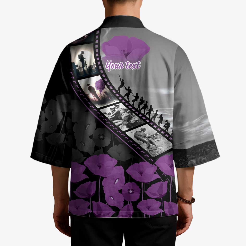 Personalised Remembering ANZAC Lest We Forget Kimono Vintage Film Frame Memorial Purple Poppy