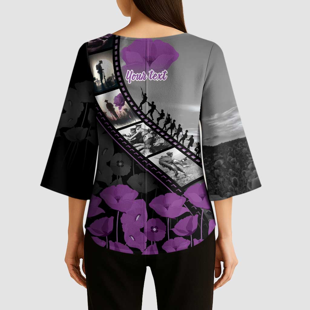 Personalised Remembering ANZAC Lest We Forget Kimono Sleeve Blouse Vintage Film Frame Memorial Purple Poppy