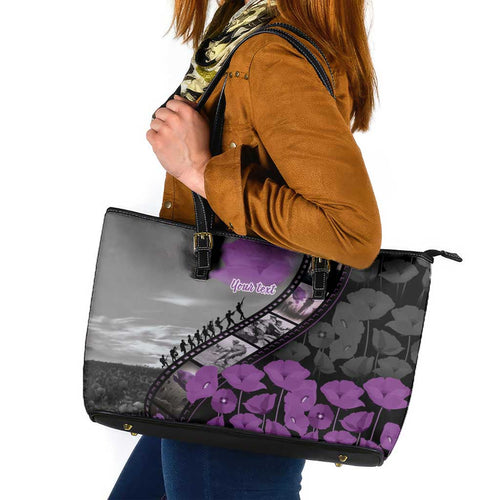 Personalised Remembering ANZAC Lest We Forget Leather Tote Bag Vintage Film Frame Memorial Purple Poppy