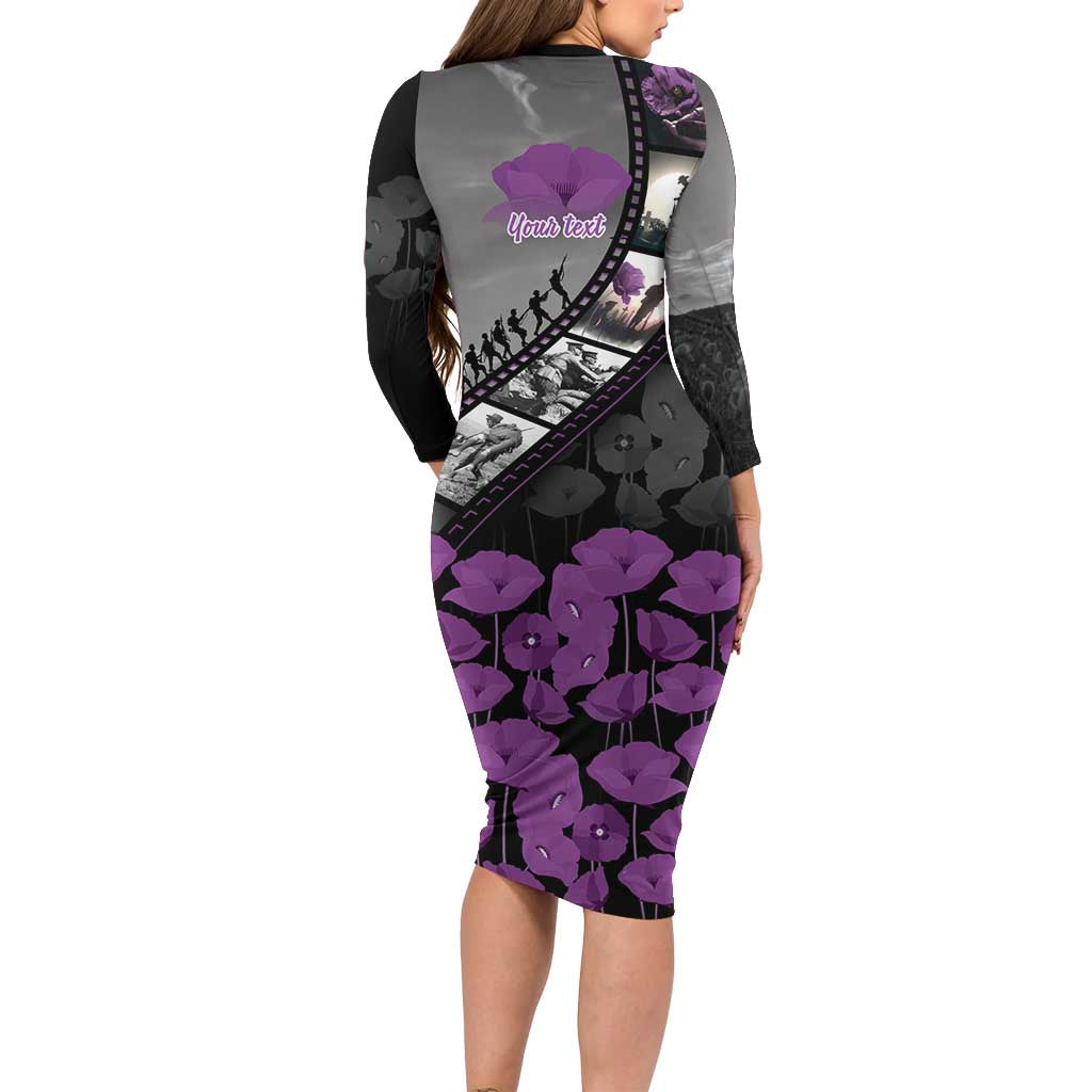 Personalised Remembering ANZAC Lest We Forget Long Sleeve Bodycon Dress Vintage Film Frame Memorial Purple Poppy