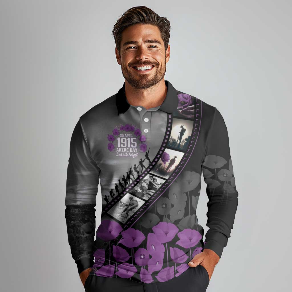 Personalised Remembering ANZAC Lest We Forget Long Sleeve Polo Shirt Vintage Film Frame Memorial Purple Poppy