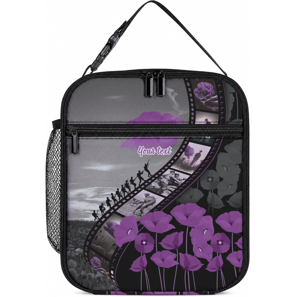 Personalised Remembering ANZAC Lest We Forget Lunch Bag Vintage Film Frame Memorial Purple Poppy