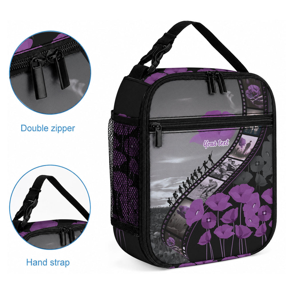 Personalised Remembering ANZAC Lest We Forget Lunch Bag Vintage Film Frame Memorial Purple Poppy