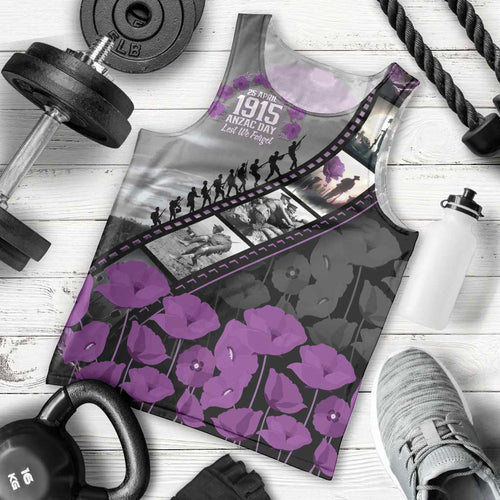 Personalised Remembering ANZAC Lest We Forget Men Tank Top Vintage Film Frame Memorial Purple Poppy