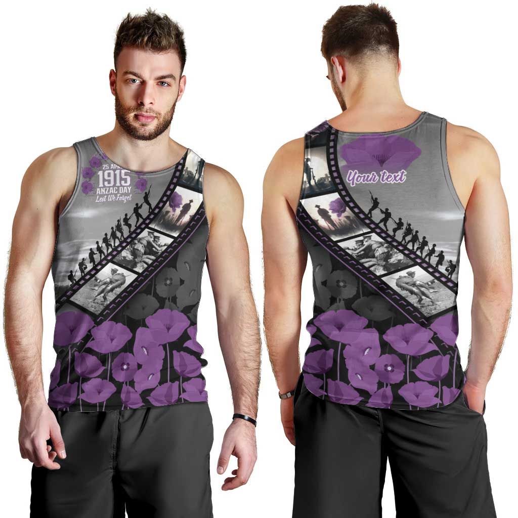 Personalised Remembering ANZAC Lest We Forget Men Tank Top Vintage Film Frame Memorial Purple Poppy