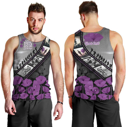 Personalised Remembering ANZAC Lest We Forget Men Tank Top Vintage Film Frame Memorial Purple Poppy