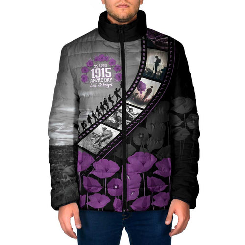 Personalised Remembering ANZAC Lest We Forget Padded Jacket Vintage Film Frame Memorial Purple Poppy