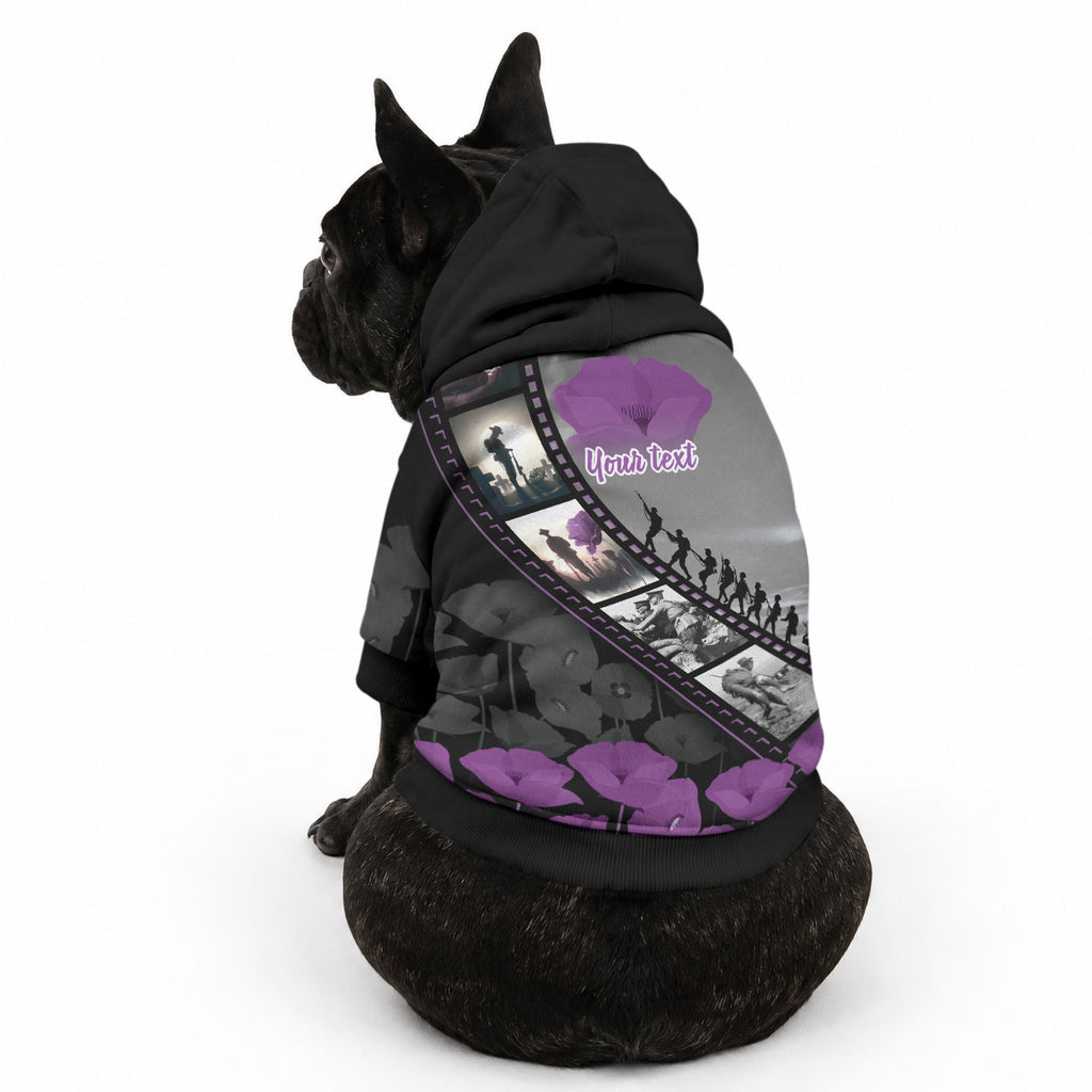 Personalised Remembering ANZAC Lest We Forget Pet Hoodie Vintage Film Frame Memorial Purple Poppy