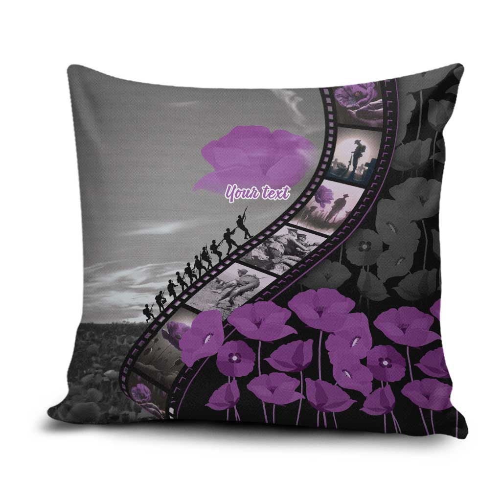 Personalised Remembering ANZAC Lest We Forget Pillow Cover Vintage Film Frame Memorial Purple Poppy