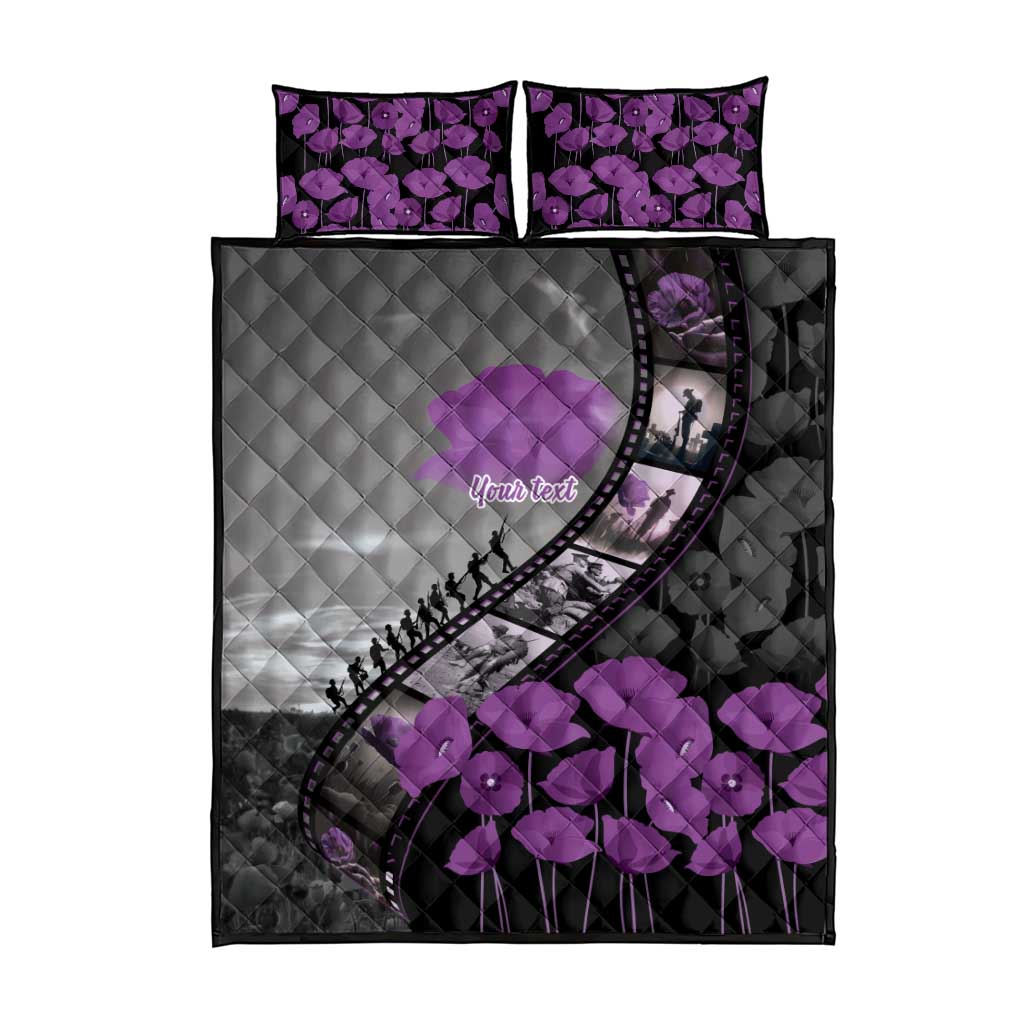 Personalised Remembering ANZAC Lest We Forget Quilt Bed Set Vintage Film Frame Memorial Purple Poppy