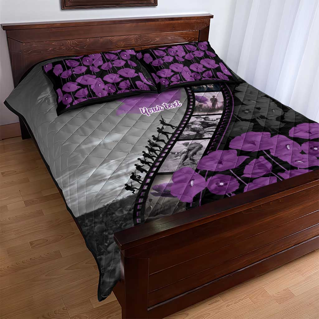 Personalised Remembering ANZAC Lest We Forget Quilt Bed Set Vintage Film Frame Memorial Purple Poppy