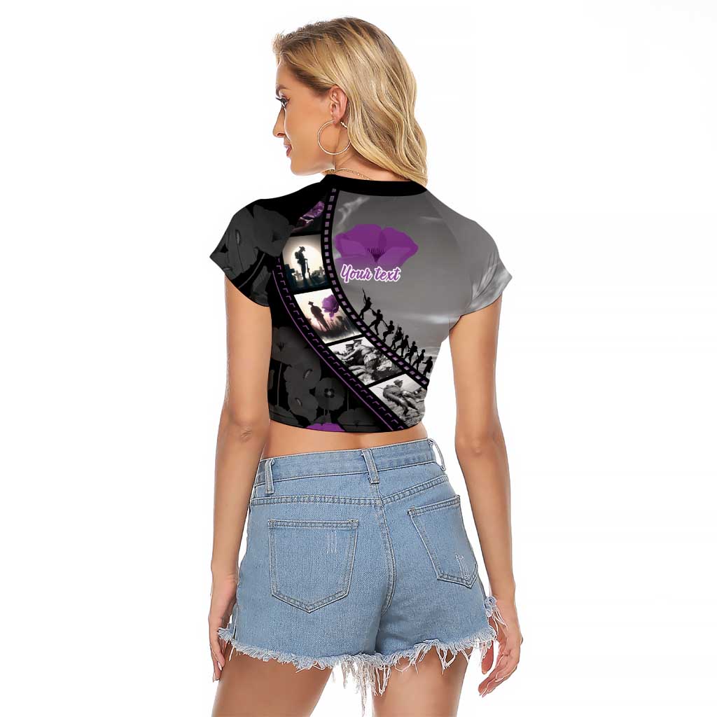 Personalised Remembering ANZAC Lest We Forget Raglan Cropped T Shirt Vintage Film Frame Memorial Purple Poppy