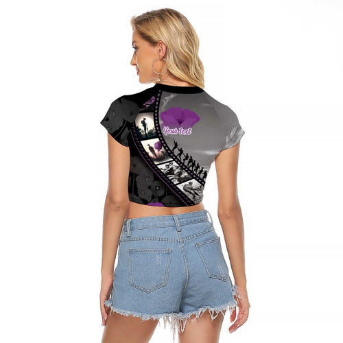 Personalised Remembering ANZAC Lest We Forget Raglan Cropped T Shirt Vintage Film Frame Memorial Purple Poppy