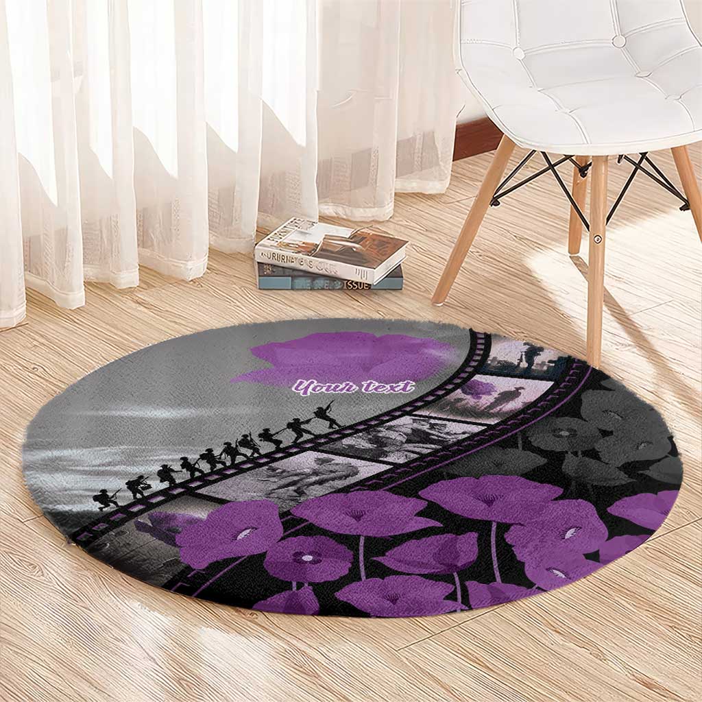 Personalised Remembering ANZAC Lest We Forget Round Carpet Vintage Film Frame Memorial Purple Poppy