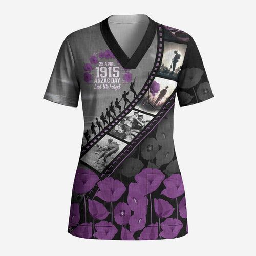 Personalised Remembering ANZAC Lest We Forget Scrub Top Vintage Film Frame Memorial Purple Poppy