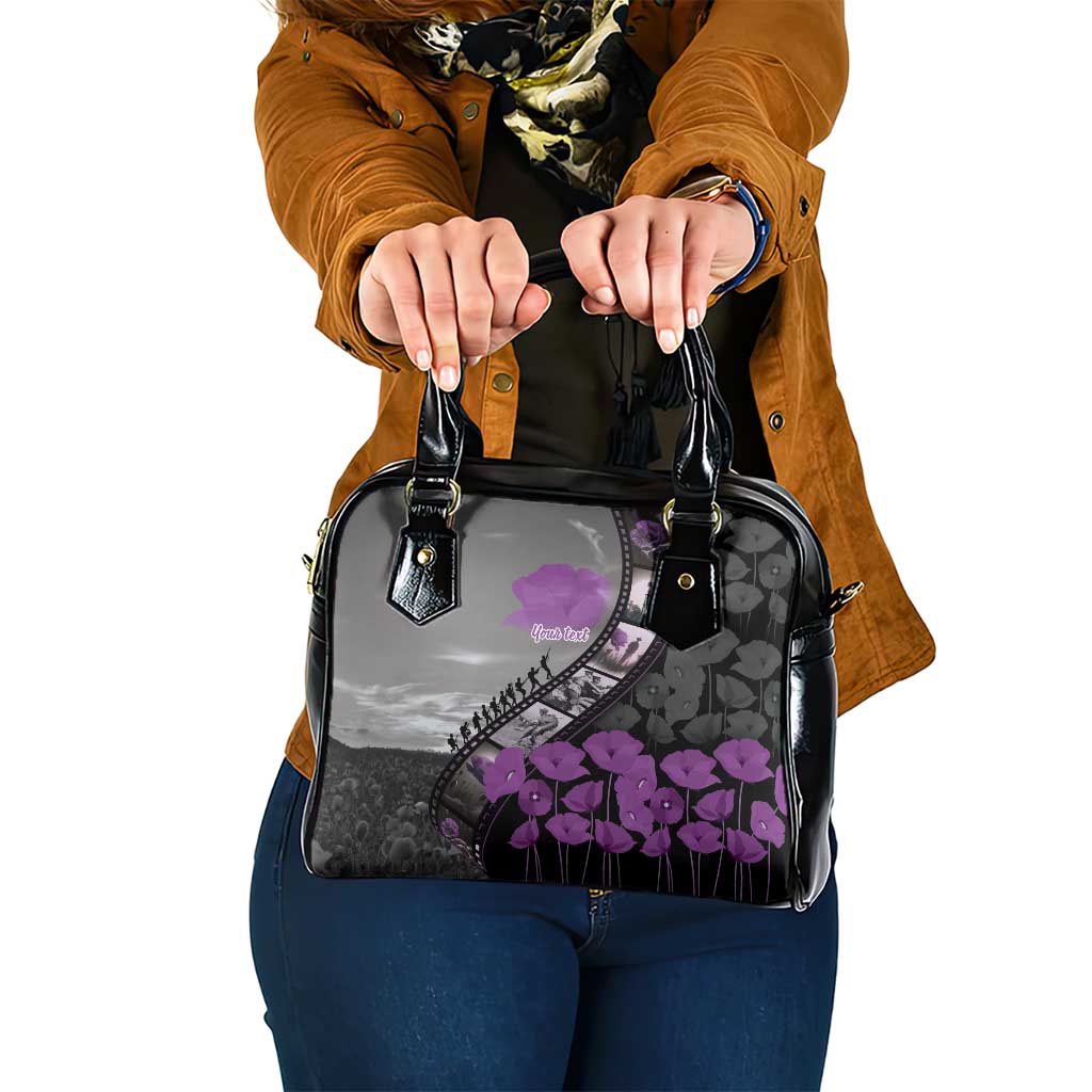 Personalised Remembering ANZAC Lest We Forget Shoulder Handbag Vintage Film Frame Memorial Purple Poppy