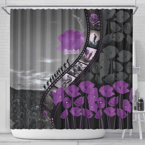 Personalised Remembering ANZAC Lest We Forget Shower Curtain Vintage Film Frame Memorial Purple Poppy