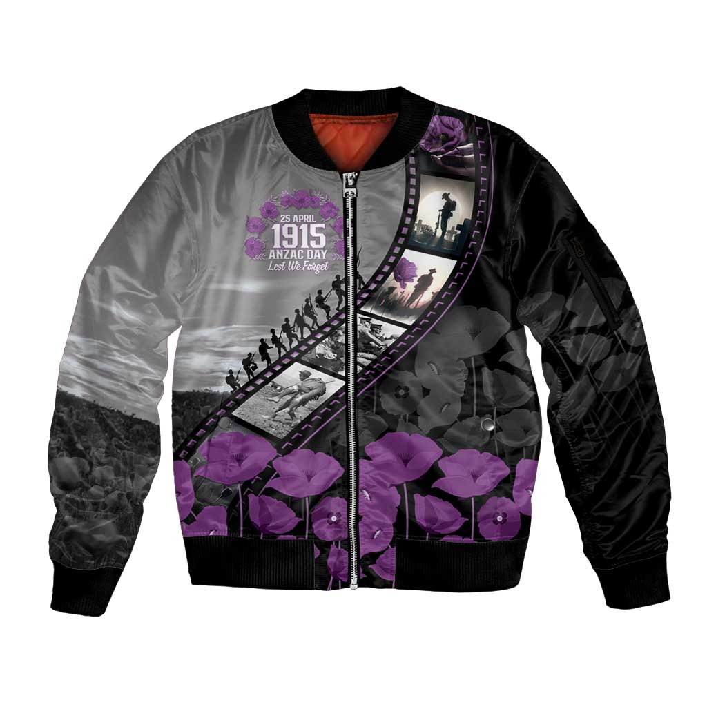 Personalised Remembering ANZAC Lest We Forget Sleeve Zip Bomber Jacket Vintage Film Frame Memorial Purple Poppy