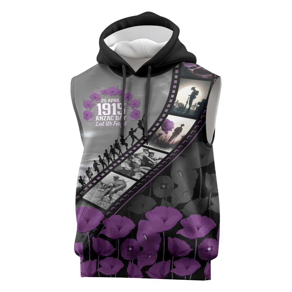 Personalised Remembering ANZAC Lest We Forget Sleeveless Hoodie Vintage Film Frame Memorial Purple Poppy