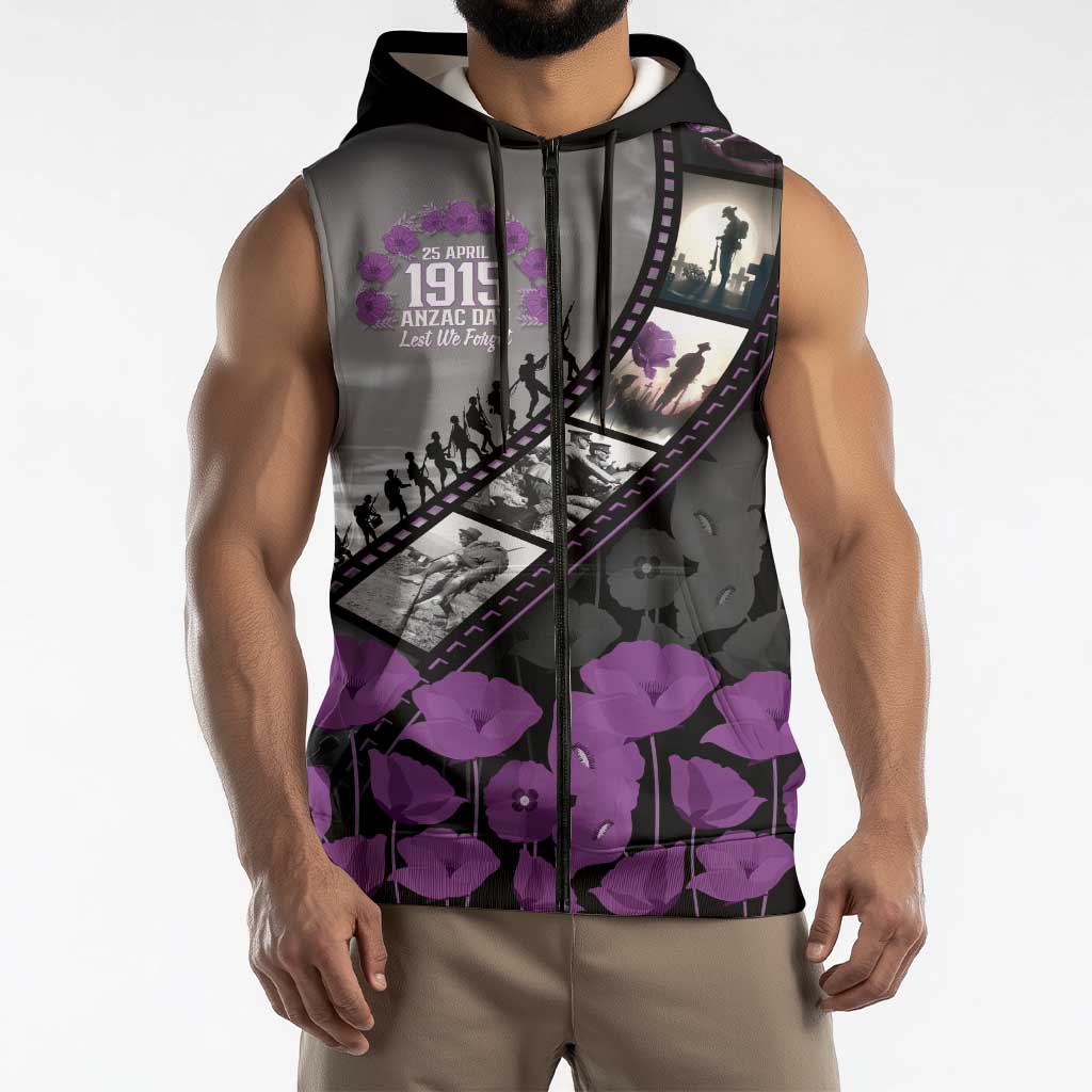 Personalised Remembering ANZAC Lest We Forget Sleeveless Zip Hoodie Vintage Film Frame Memorial Purple Poppy